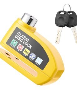 Antivol bloque-disque avec alarme fixé sur le frein avant d'un vélo urbain pour la sécurité contre le vol.